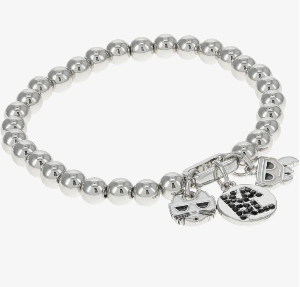 Karl Lagerfeld Paris Beaded Charm Stretch Bracelet Rhodium Zinc Brass OS NEW